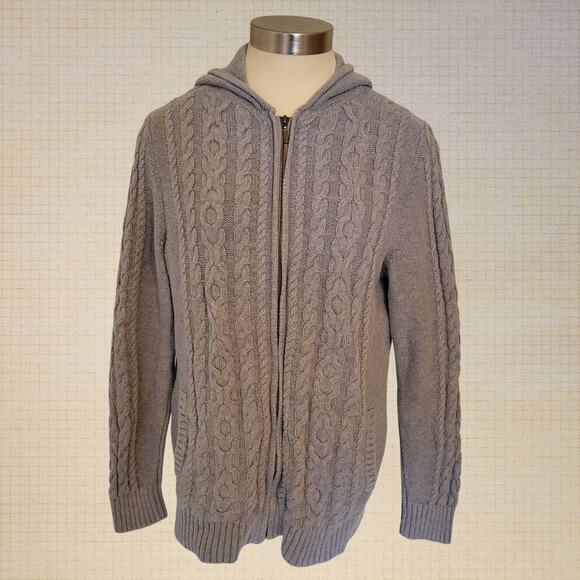 LL Bean Gray Cotton Cable Knit Hoodie Jacket Women's Large - Picture 1 of 5
